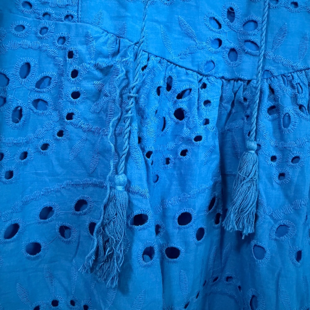 Dokotoo Dress Cotton Eyelet Tassel Tie Long Sleeve Babydoll Boho Mini Blue M - Picture 4 of 8